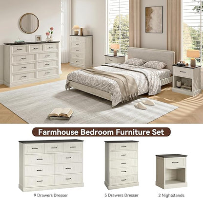 Farmhouse Dresser and Nightstand Sets, 4Pcs Bedroom Furniture Set, Nightstand Set of 2 & 55" Wide 9 Drawer and 44" Tall 5 Drawer Dresser with Large Drawers & Bar Handles, White