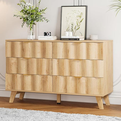 6 Drawer Dresser, Modern Fluted Storage Dresser with Deep Drawers and Metal Handles, Wood Chest of Drawers Storage Organizer for Bedroom, Living Room, Hallway (Natural)