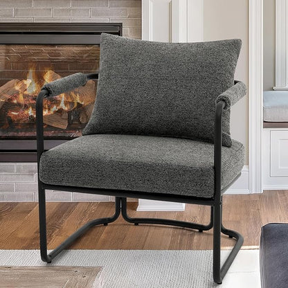 Single Accent Chair for Living Room, Mid Century Modern Upholstered Reading Armchair for Bedroom, Office, with Comfy Chenille Cushion & Metal Frame, Dark Grey
