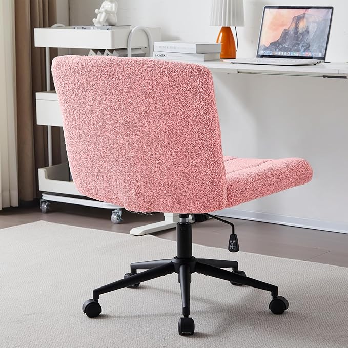Furnimart Swivel Criss Cross Legged Chair with Wheels for Home Office, Wide Armless Desk Chair Height Adjustable Comfy Seat for Desk,Vanity, Bedroom, Faux Fur Pink