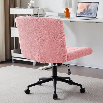 Furnimart Swivel Criss Cross Legged Chair with Wheels for Home Office, Wide Armless Desk Chair Height Adjustable Comfy Seat for Desk,Vanity, Bedroom, Faux Fur Pink