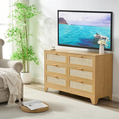 Natural Rattan 6-Drawer Dresser | Modern Bohemian Storage Chest – Includes Anti-Tip Wall Straps & Metal Slides | Versatile Furniture for Bedroom or Living Room