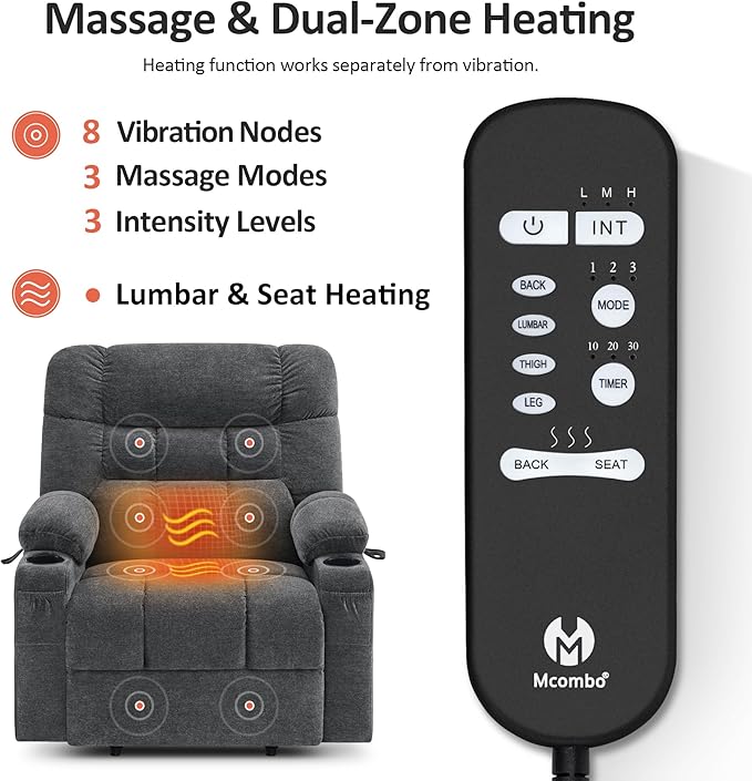 MCombo Dual Motor Power Lift Recliner Chair with Massage and Dual Heating for Elderly, Lay-Flat for Sleeping, Extra Wide for Big and Tall, Fabric R7070 (Dark Grey)