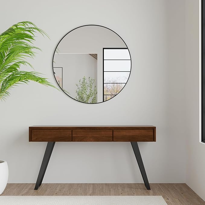 SIMPLIHOME Lowry Console Table - 60 Inch Wide Solid Walnut Veneer and Metal Sofa Table, Modern Industrial Storage Table for Entryway or Living Room with 3 Drawers and Angled Metal Legs