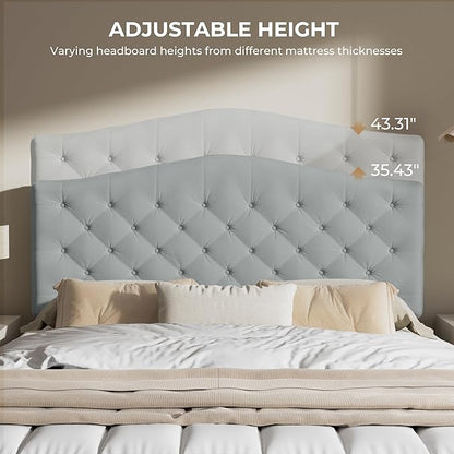 King Headboard Only, Modern Button-Tufted Upholstered Headboard King Size with 4" Thickened High-Density Sponge, Luxury Chenille Fabric, Adjustable Height, Easy Assembly, Grey