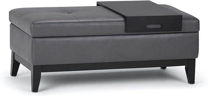 SIMPLIHOME Oregon 42 inch Wide Contemporary Rectangle Storage Ottoman Bench with Tray in Stone Grey Vegan Faux Leather, Assembled, For the Living Room, Entryway and Family Room