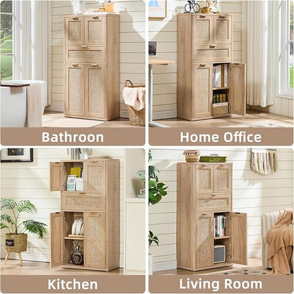 LEYAOYAO 48" Tall Storage Cabinet,Rattan Bathroom Floor Cabinets with 4 Doors & 1Drawer,Boho Kitchen Pantry with Adjustable Shelves,Wooden Cupboard for Living Room,Home Office,Dining,Natural Wood
