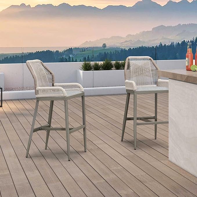 PURPLE LEAF 2 Pieces Bar Stools Patio Modern Rattan Barstools Aluminum Woven Tall Bar Chairs with Cushions for Outdoor Kitchen Island Garden