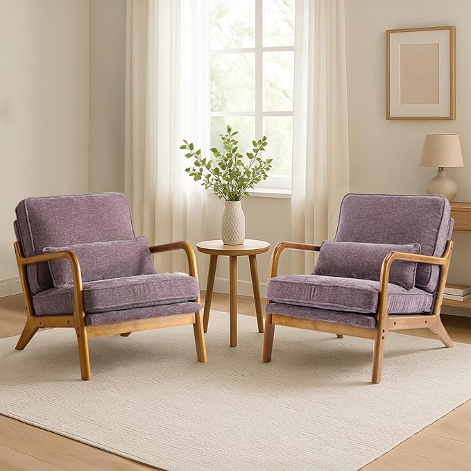Karl home Mid Century Modern Accent Chair with Lumbar Pillow & Oak Arms – Plush Chenille Living Room Chair for Bedroom, Lounge (Purple)