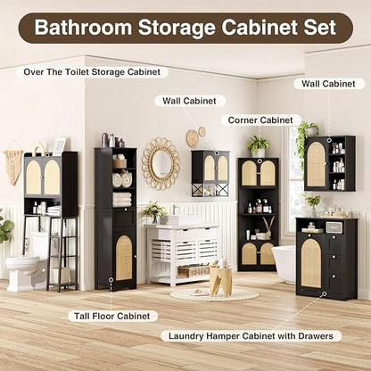 Rattan Bathroom Wall Cabinet, Boho Medicine Wall Cabinet with Double Doors and Adjustable Shelves, Tall Kitchen Wall Mounted Storage Cabinet, Floating Space Saver Over Toilet, Black