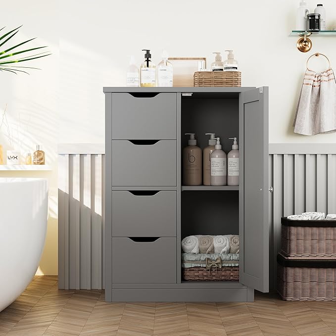 Shintenchi Bathroom Floor Storage Cabinet, Wooden Storage Organizer with 4 Drawers and 1 Cupboard, Freestanding Bathroom Furniture, Home Storage Unit with Adjustable Shelf, Gray