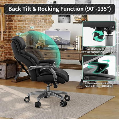 Big and Tall Office Chair with Wide Area Armrest, 600lbs Heavy Duty Desk Chair with Adjustable Lumbar Support, PU Leather High Back Ergonomic Executive Computer Chair with 3'' Silent Casters