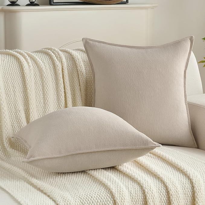 FUTEI Beige Chenille Throw Pillow Covers 18x18 Inch Set of 2,Edges Double-Stitched Cushion Cases,Modern Home Decor for Couch Living Room