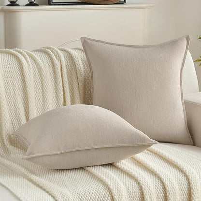 FUTEI Beige Chenille Throw Pillow Covers 18x18 Inch Set of 2,Edges Double-Stitched Cushion Cases,Modern Home Decor for Couch Living Room