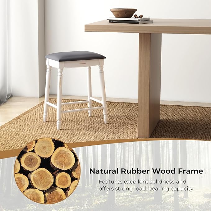 COSTWAY Upholstered Bar Stools Set of 2, 24-Inch Backless Counter Height Dining Stools with Delicate Wood Carving, Footrest, Solid Rubber Wood Frame, Farmhouse BarStools for Kitchen Island Bar, White