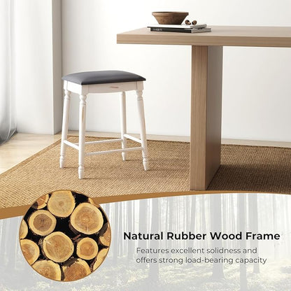 COSTWAY Upholstered Bar Stools Set of 2, 24-Inch Backless Counter Height Dining Stools with Delicate Wood Carving, Footrest, Solid Rubber Wood Frame, Farmhouse BarStools for Kitchen Island Bar, White