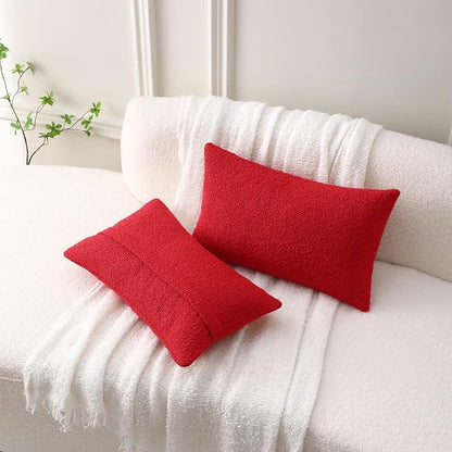 FUTEI Christmas Pack of 2 Red Decorative Throw Pillow Covers 12x20 Inch Soft Cozy Solid Boucle Textured Lumbar Pillow Cases,Modern Home Decor for Couch Bed Living Room
