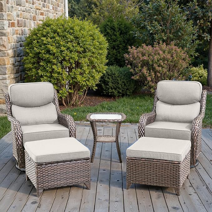 Swivel Patio Chairs sofa Set of 5 with 6" Thick Cushion - Wicker Outdoor Swivel Rocker Patio Chair with Side Table, High Back Comfortable Outdoor Glider Chairs - Brown Wicker | Beige Cushions