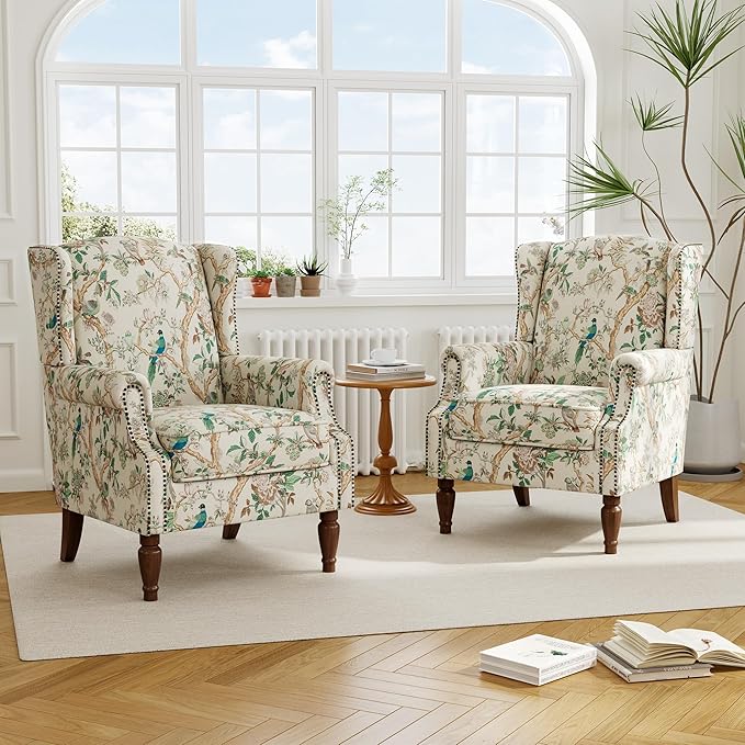 Accent Chair, Upholstered High Back Floral Armchair with Nailhead Trim & Wood Legs, Comfy Wingback Reading Single Sofa Chair
