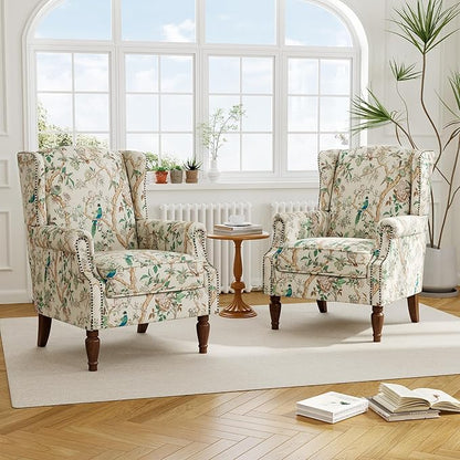 Accent Chair, Upholstered High Back Floral Armchair with Nailhead Trim & Wood Legs, Comfy Wingback Reading Single Sofa Chair