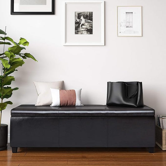 SIMPLIHOME Avalon 54 inch Wide Contemporary Rectangle Extra Large Storage Ottoman Bench in Tanners Brown Vegan Faux Leather, Assembled, for the Living Room, Entryway and Family Room