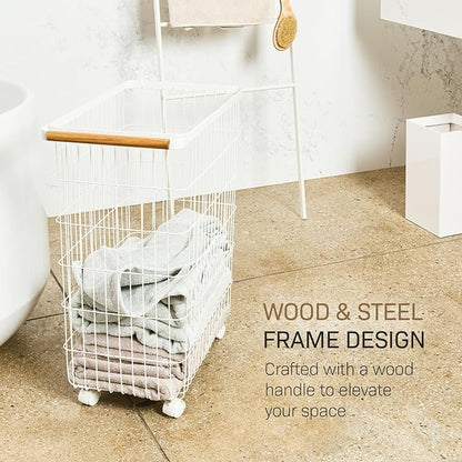 Yamazaki Home Wire Slim Saving Rolling Wheeled Clothing Hamper | Steel + Wood | Laundry Basket, One Size, White