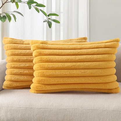 Pallene Faux Fur Plush Lumbar Throw Pillow Covers 12x20 Set of 2, Luxury Soft Fluffy Striped Decorative Pillow Covers for Sofa, Couch, Living Room, Mustard Yellow