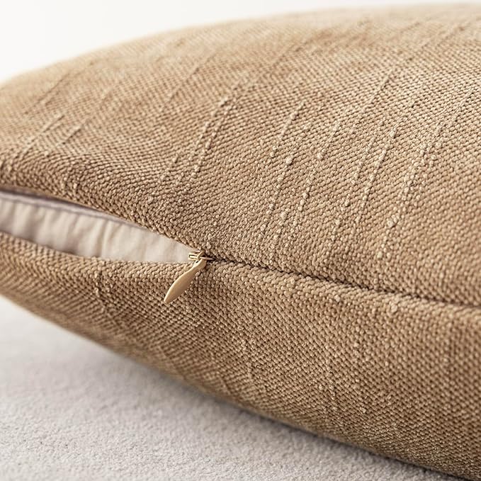 Foindtower Pack of 2 Textured Chenille Throw Decorative Pillow Covers Square Accent Solid Cushion Cover Neutral Farmhouse Pillow Case for Couch Sofa Bedroom Living Room 20x20 Inch,Taupe Khaki Camel