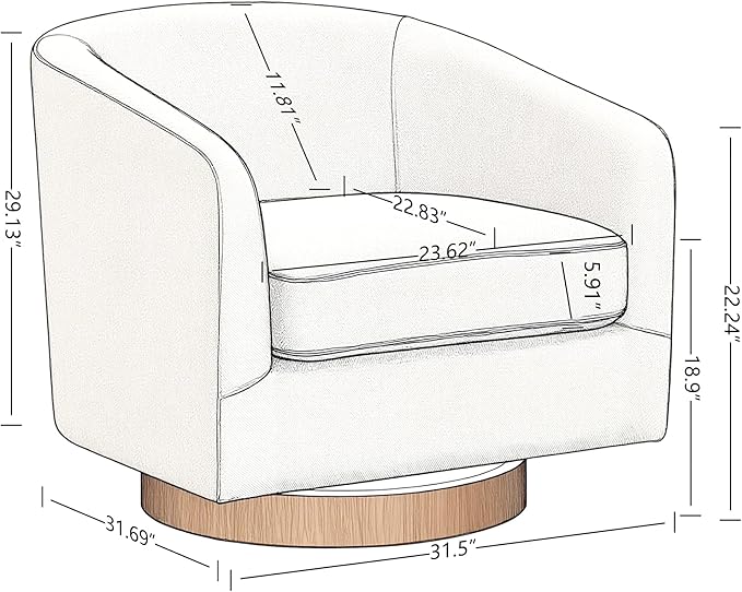 AEDI Swivel Accent Chair with Solid Wood Base, Upholstered Barrel Armchair for Living Room, Modern Small Club Chair,Beige