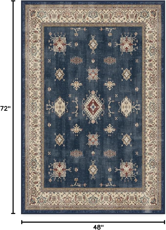 RUGGABLE Washable Vintage Area Rug – Verena Sapphire 4x6, Stain-Resistant, Non-Slip – Medium Machine Washable Rugs for Living Room, Bedroom, Hallway, Entryway & Office–with Standard Pad