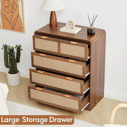 Mid Century Modern Dresser for Bedroom with 4 Drawers, 35" Tall Chest of Drawers with Natural Linen, Curved Wood Dresser Closet Clothes Storage Organizer for Living Room, Hallway((Walnut)