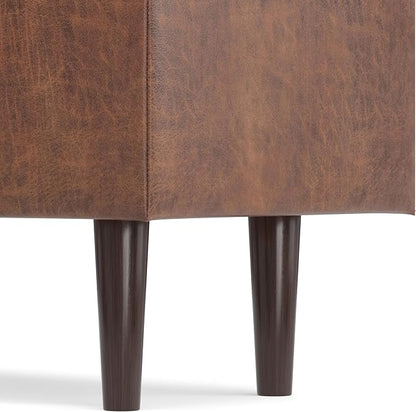 SIMPLIHOME Shay 48 inch Wide Mid Century Modern Rectangular Storage Ottoman in Distressed Saddle Brown Vegan Faux Leather, Assembled, For the Living Room, Entryway and Family Room