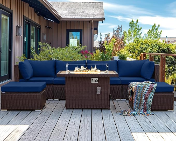 NICESOUL 7 Pcs Patio Conversation Set with Fire Table Natural Gas & Propane, 29.3'' High Backres Outdoor Sectional Sofa Sets, Large Deep Sitting Furniture for Exteriors, Brown Rattan and Blue Cushion