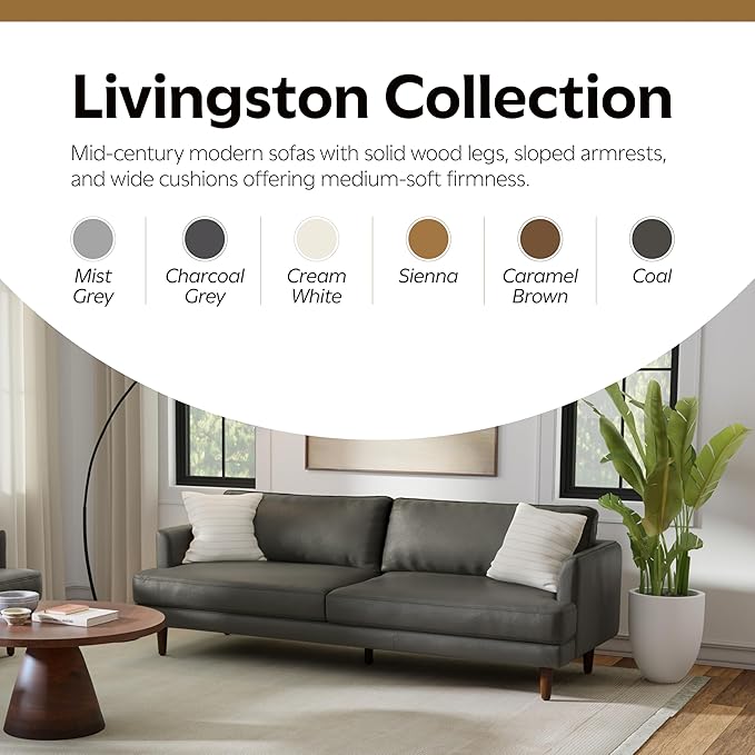 SIMPLIHOME Livingston 76-inch Wide Sofa in Coal Top Grain Genuine Leather, Handcrafted Mid-Century Modern Loveseat for Living Room, Compact 2-Seater with Feather-Wrapped Cushions and Solid Wood Frame
