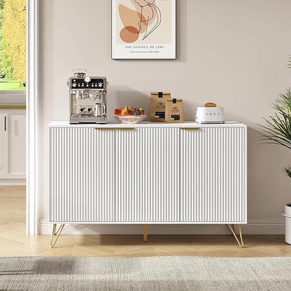 Fluted Buffet Cabinet,Wooden Console Storage with 3 Doors and Adjustable Shelves,White Sideboard for Entryway,Kitchen,Bathroom,Home Office
