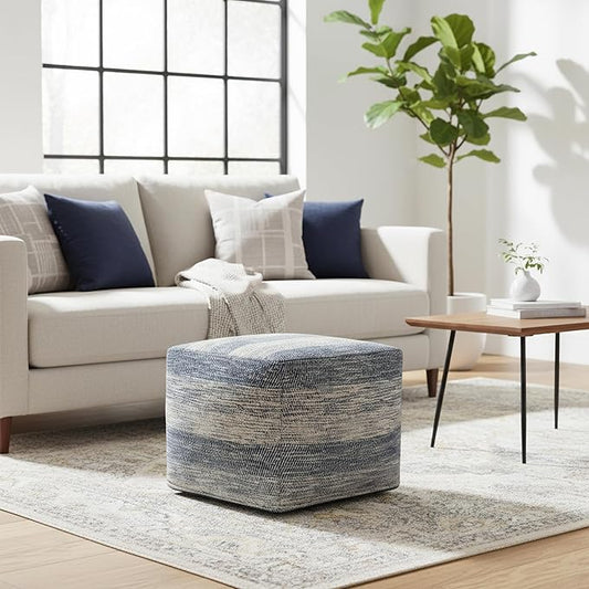SIMPLIHOME Clay Boho Square Pouf in Patterened Teal Melange Cotton for the Living Room, Bedroom and Kids Room