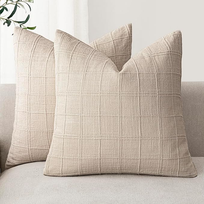 Foindtower Set of 2 Decorative Linen Check Throw Pillow Covers Neutral Farmhouse Vintage Cushion Covers Modern Boho Home Decor for Sofa Chair Couch Bedroom Living Room,16×16 Inch,Natural Linen