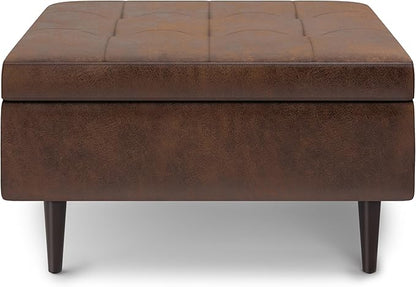 SIMPLIHOME Shay 34 inch Wide Mid Century Modern Small Rectangle Coffee Table Storage Ottoman in Distressed Chestnut Brown Vegan Faux Leather, Assembled, For the Living Room