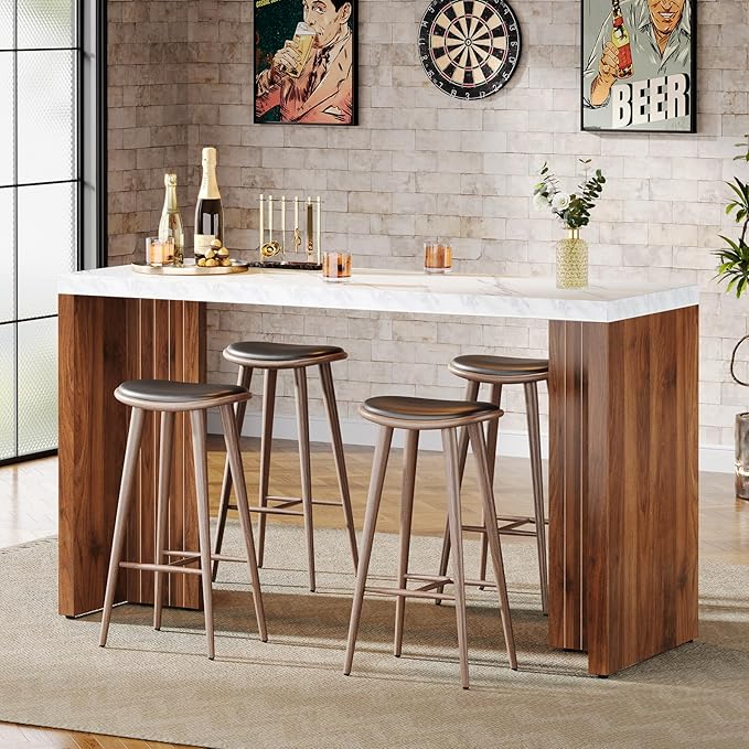 Tribesigns 55.12-Inch Bar Table, Modern Counter Height Pub Table with a Faux Marble Tabletop, Rectangular Home Coffee Bar Unit for Kitchen, Dining Room, Living Room, Balcony, Basement, Walnut & White