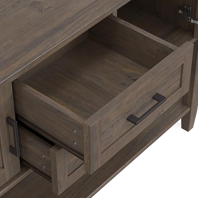 SIMPLIHOME Ela Console Table - 48 Inch Wide Solid Wood Sofa Table in Smoky Brown, Transitional Storage for Entryway or Living Room with 2 Drawers, 2 Cabinets, Open Shelf, and X-Panel Doors