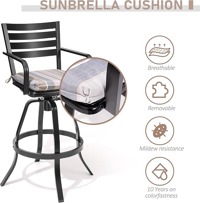 Pellebant Outdoor Bar Stools Set of 4 with Sunbrella Cushion, 29.5" Aluminum Swivel Bar Height Stool Chairs with Back & Footrest, Rust-Proof Patio Bartools for Deck Lawn Garden,Milano Char