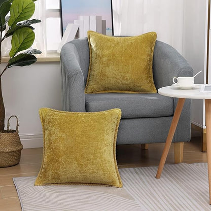 decorUhome Chenille Soft Throw Pillow Covers 24x24 Set of 2, Farmhouse Velvet Neutral Decorative Euro Pillow Covers with Stitched Edge for Couch Sofa Bed Home Decor, Mineral Yellow