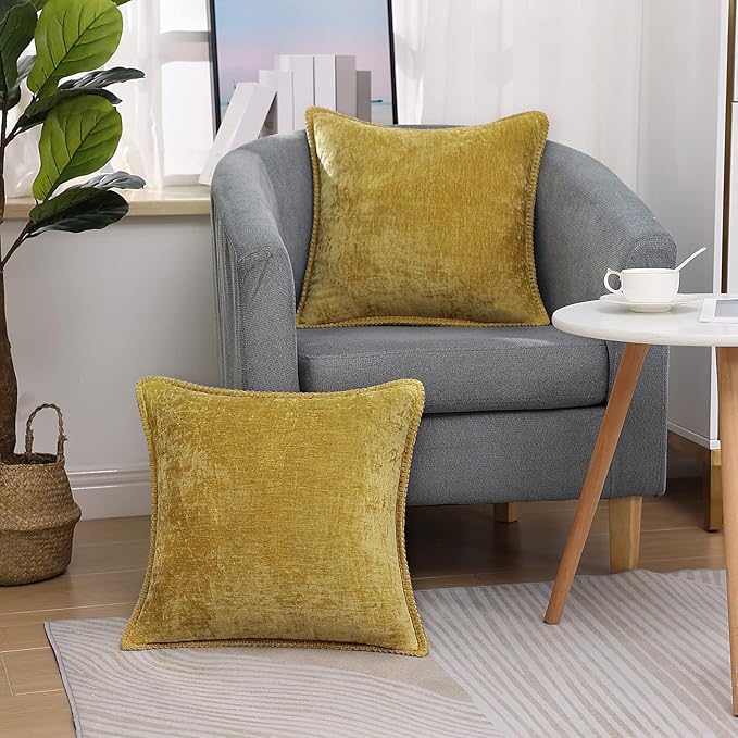 decorUhome Chenille Soft Throw Pillow Covers 26x26 Set of 2, Farmhouse Velvet Neutral Decorative Euro Pillow Covers with Stitched Edge for Couch Sofa Bed Home Decor, Mineral Yellow