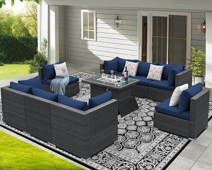 NICESOUL 7 Piece Large Outdoor Patio Furniture Set with Fire Pit Table Gas/Propane, 29.3'' High Back Rattan Modular Sectional Sofa, Extra Wide Conversations for Backyard, 2 Color Cushion Navy & Gray