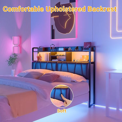 Unikito Headboard for Queen Size Bed Frame, Upholstered Head Board with Outlets, USB Ports and LED Light, Comfortable Leather Headboards with Storage Shelf, Sturdy Queen Bed Headboard Only, Black