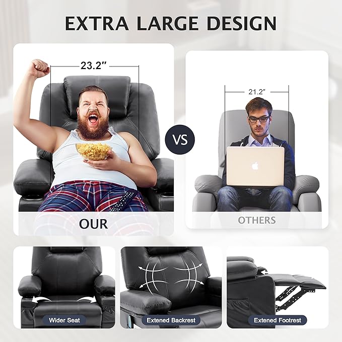 Oversized Swivel Rocker Recliner Sofa Chair with Heat and Massage, 360 Degree Swivel Single Sofa with Cup Holders and USB Port, Big Recliner Sofa Chair for Living Room(Leather, Smoky Black)