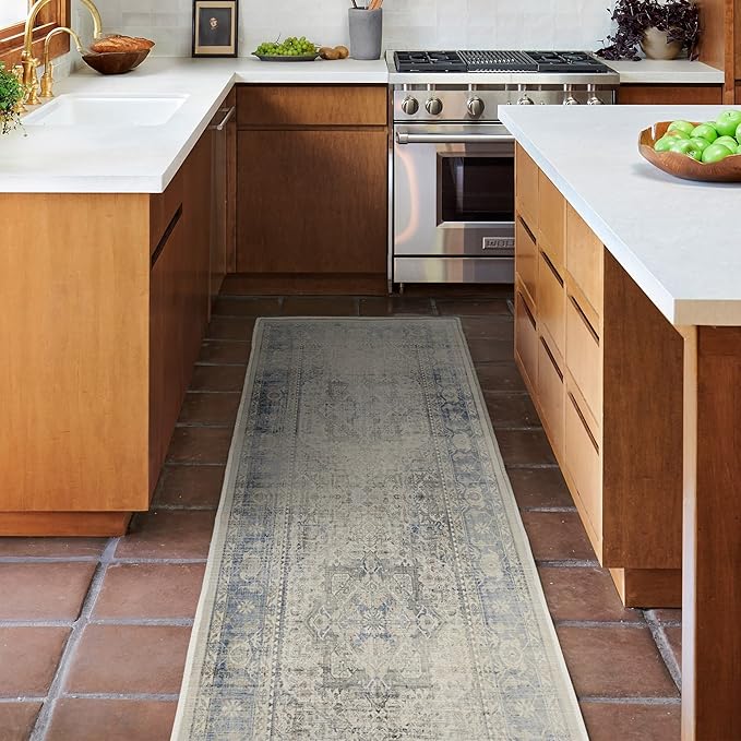 RUGGABLE Washable Vintage Area Rug – Kamran Blue Quartz 9x12, Stain-Resistant, Non-Slip – Large Machine Washable Rugs for Living Room, Bedroom, Hallway, Entryway & Office–with Standard Pad
