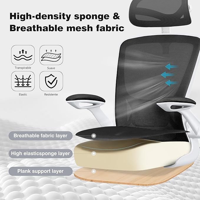 Ergonomic Office Chair, Computer Desk Chair Comfy with Adjustable Headrest, Lumbar Support, Flip-up Armrests, Gaming Chairs for Long Hours, White