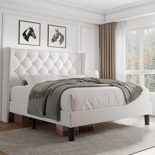 iPormis Queen Size Velvet Platform Bed Frame with Button Tufted Headboard, Upholstered Bed Frame with Solid Wooden Slats, 8" Underbed Space, No Box Spring Needed, Noise Free, Easy Assembly, White
