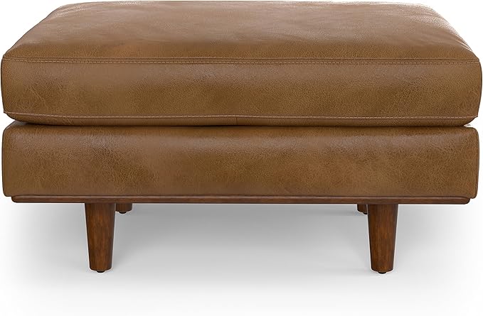SIMPLIHOME Morrison Mid-Century Modern 72 inch Wide Sofa with Ottoman Set in Caramel Brown Genuine Leather for the Living Room and Family Room
